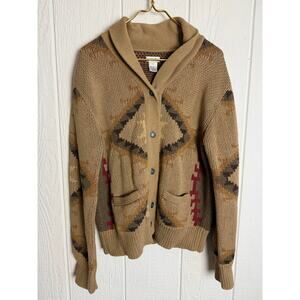 Vintage Tasha Polizzi Knit Cardigan Shawl Collar Aztec Turquoise Buttons Size XL